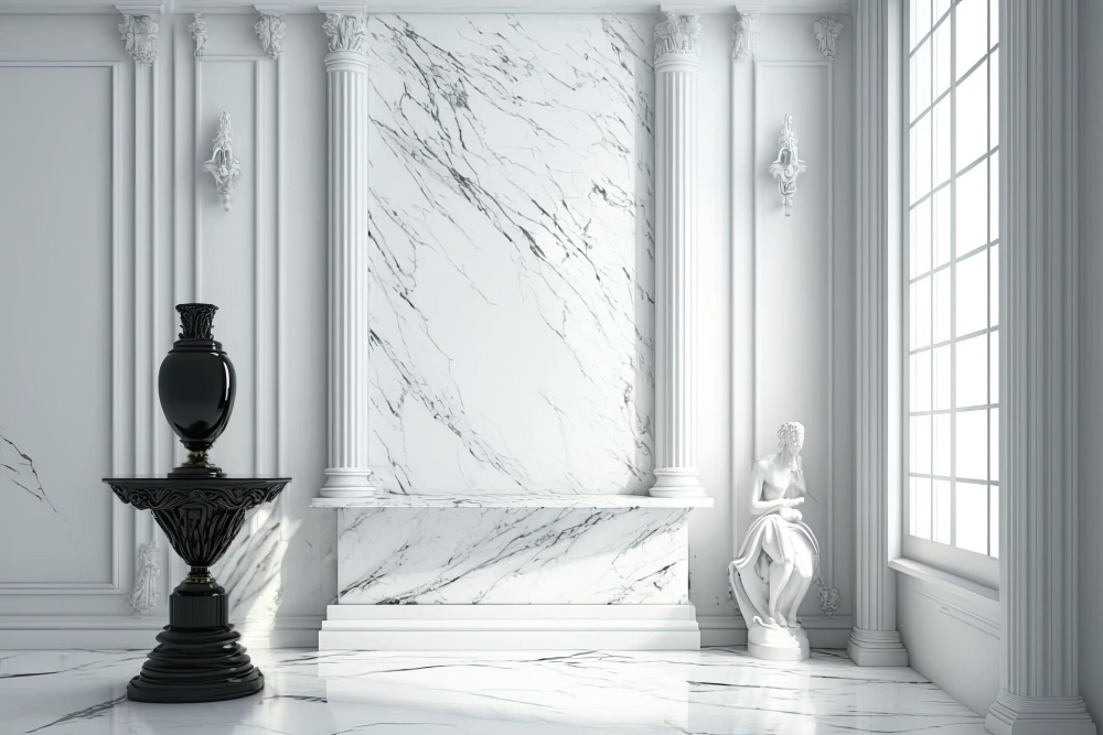 Elegant corner of a room showcasing premium natural stones, featuring white marble with a statue on the right and a black sculpture on the left, illuminated by natural light from a large window